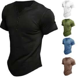 Cross-border Amazon Summer New Foreign Trade European and American Men's Henley Shirt Short-Sleeve Solid Color Button T-Shirt Top