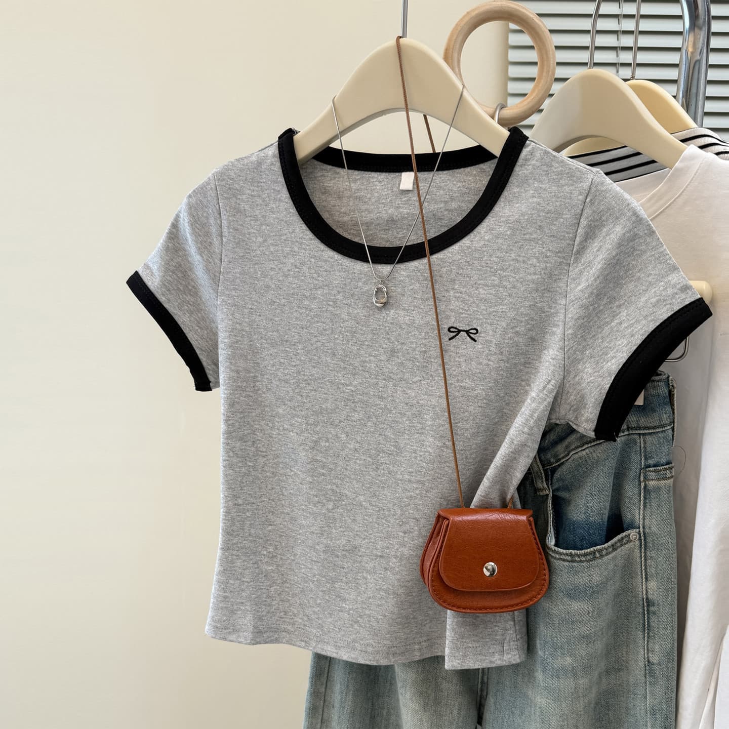 European and American Style Real Shot Cotton Contrast Color Short Sleeve T-Shirt Women's Summer New Slim Fit Korean Version Cropped Top