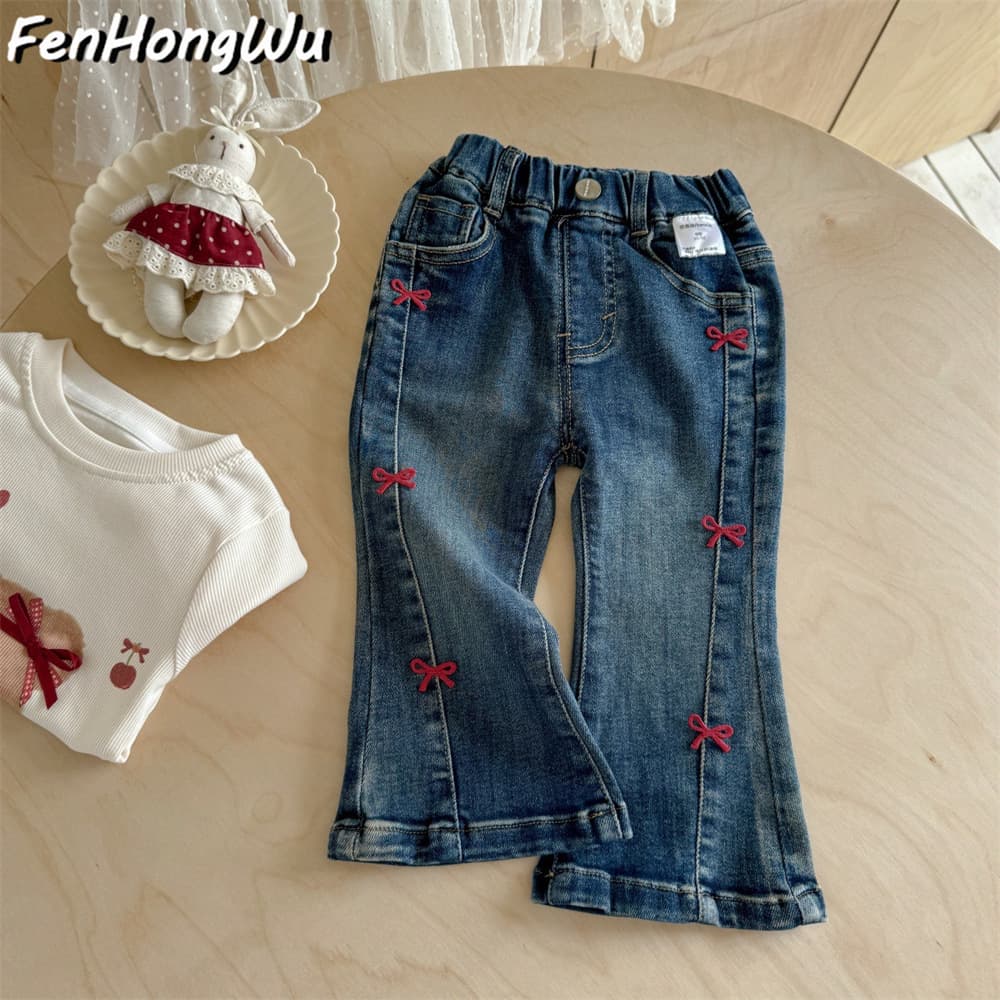 [Pink House] Girls' Jeans, New Autumn Style, Stylish Bow-Knot Korean Casual Kids' Denim Flared Pants