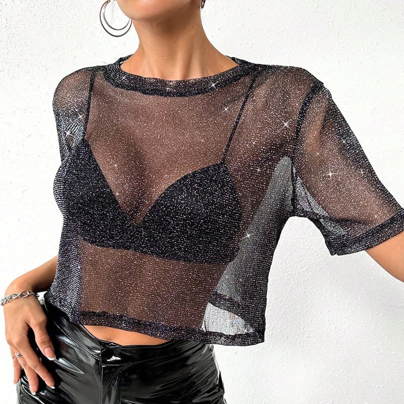 New Summer Cropped Camisole Top for Women Short Sleeve Mesh Shirt with Shiny Threads Inner Wear Mesh T-Shirt