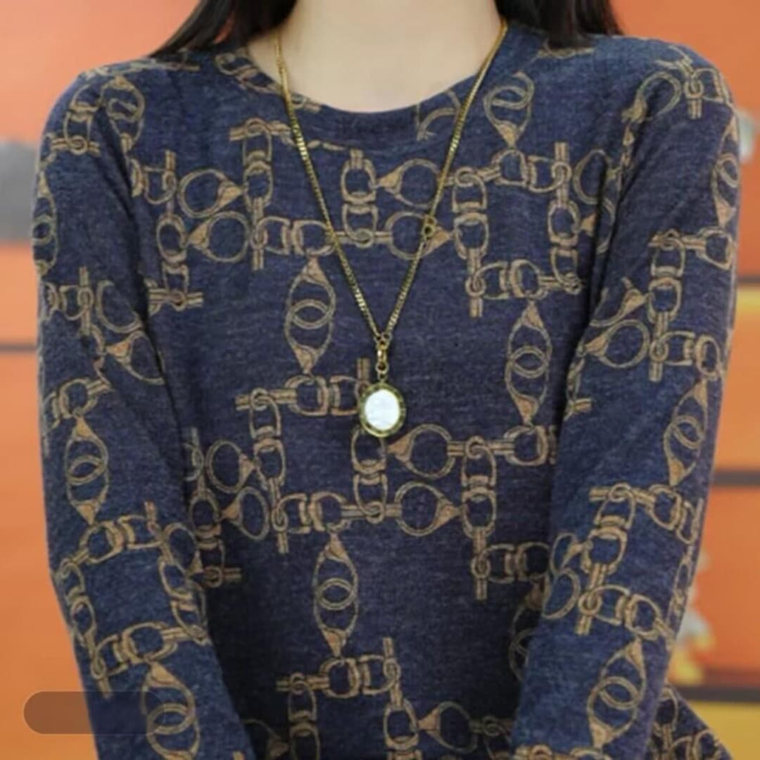 Thin, stretchy printed knit shirt for autumn, long-sleeved, plus-size base layer for middle-aged mothers.