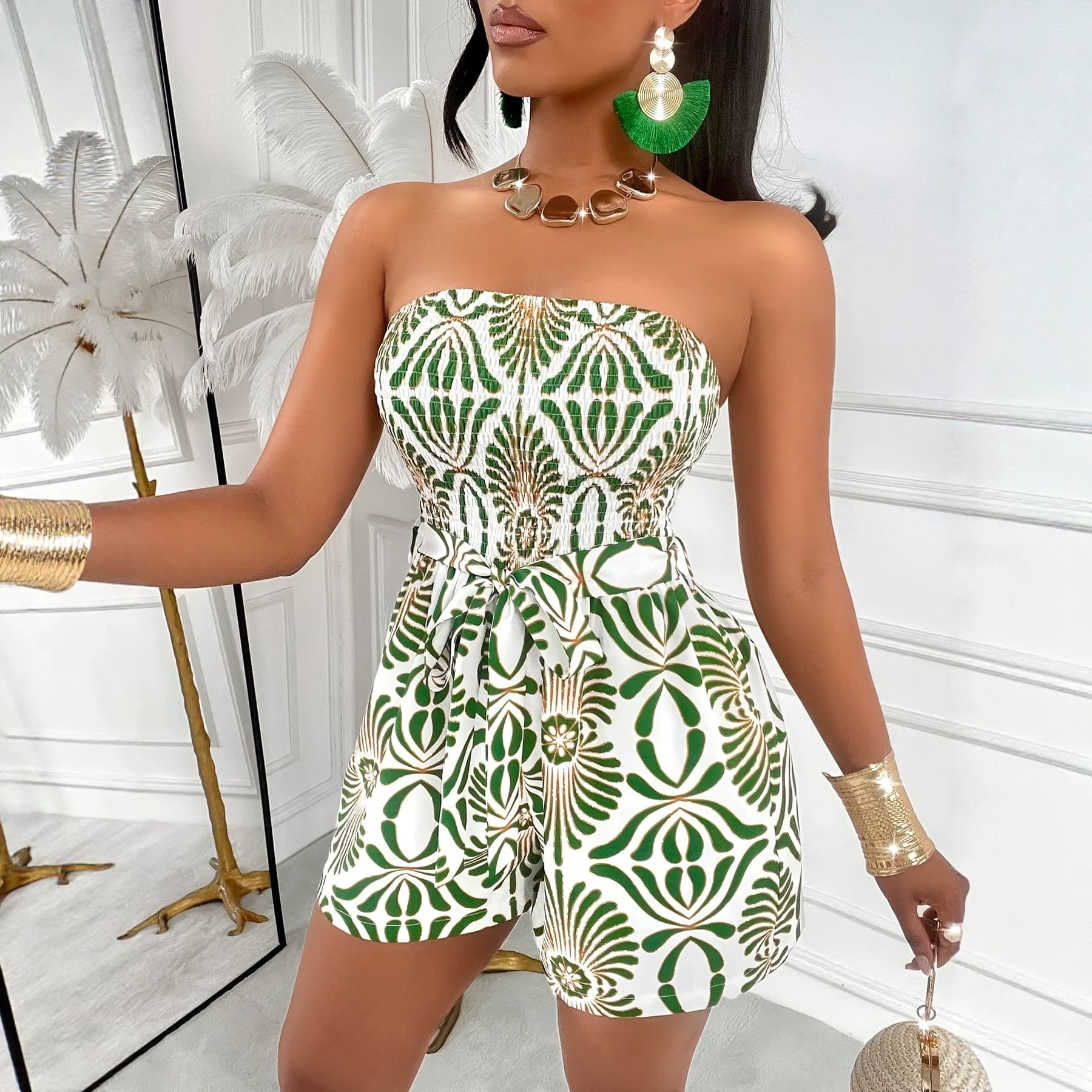 Cross-border European and American Floral Print Backless Jumpsuit Sexy Elegant Waist-cinching Vacation Casual Women's Clothing Wholesale