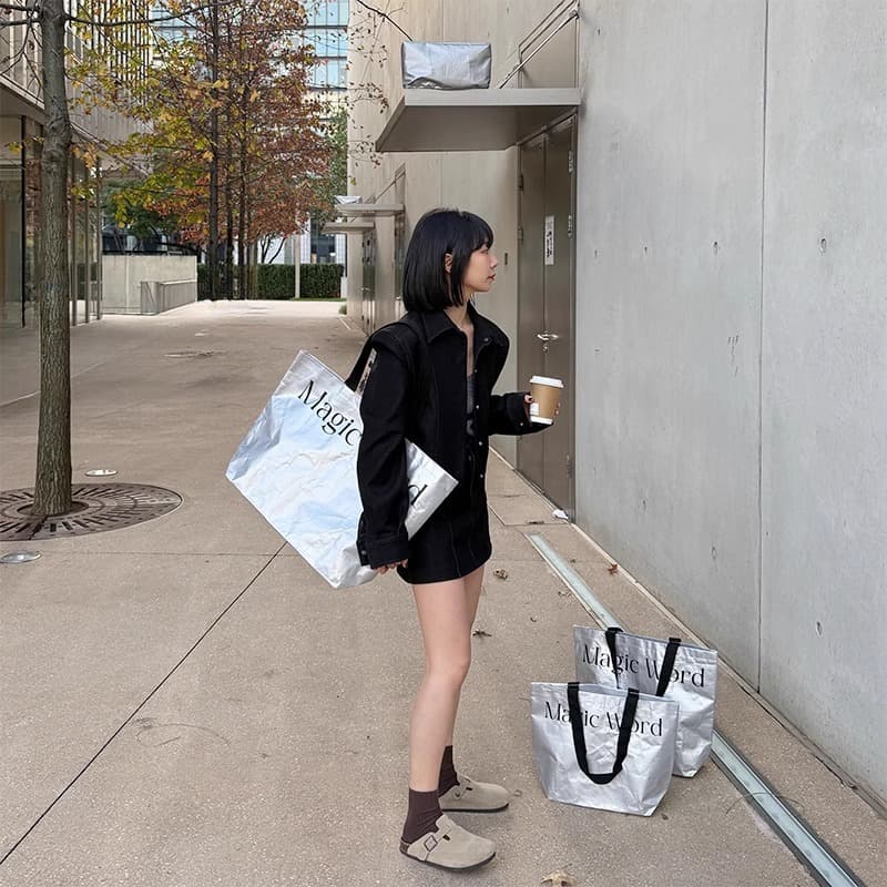 Silver Woven Bag High-Capacity Fashionable Shopping Tote for Clothing Stores Eco-Friendly Bag Wholesale