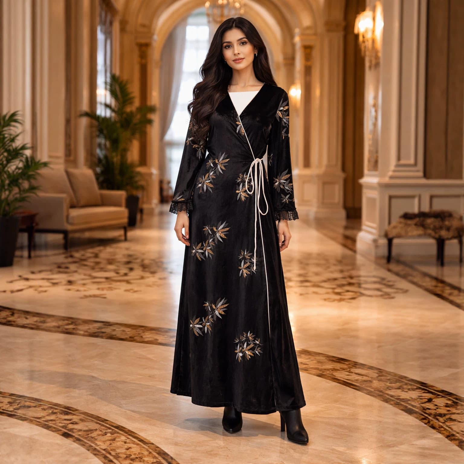 UNI042 Cross-Border Winter Velvet Cardigan Sequin Long Dress Lace Cuff Fashion Women's Dress with Tie
