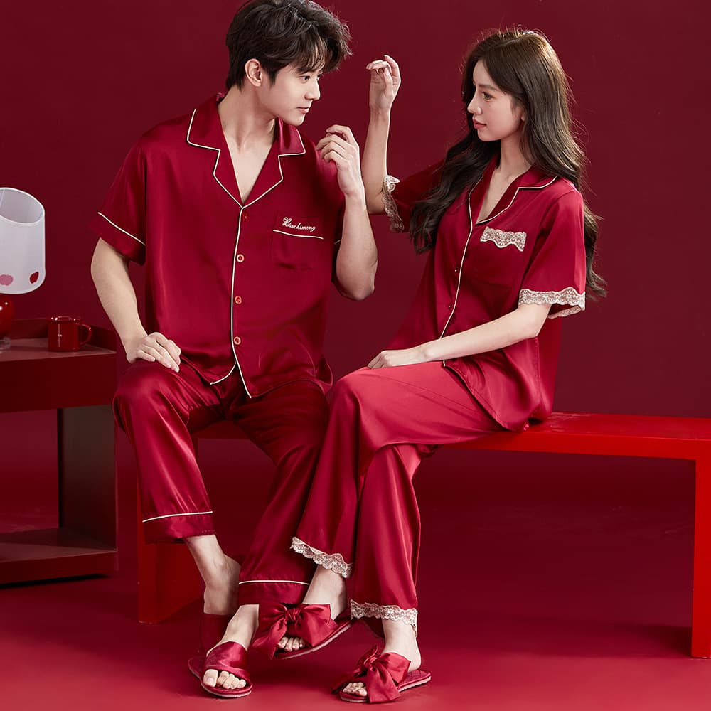 Wedding Couple Ice Silk Pajamas for Women, High-End Summer Short-Sleeved Silk Red Wedding Dowry Home Clothes for Men and Women