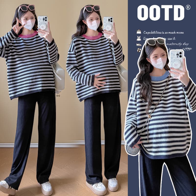 Maternity round neck striped sweater, new autumn and winter style, lazy style, casual, loose, slimming, versatile pullover maternity top