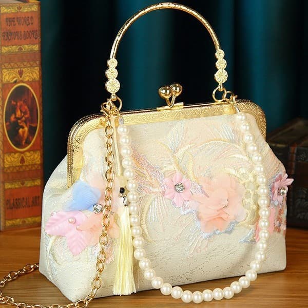 Original Heavy-Duty Flower Lace Mesh Socialite Handbag, Antique Style Cheongsam Banquet Bag, Rhinestone High-End Women's Bag