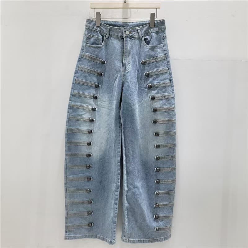 American Retro Wide-Leg Denim Pants for Women 2026 New Design Metal Decor Loose Straight-Leg Pants