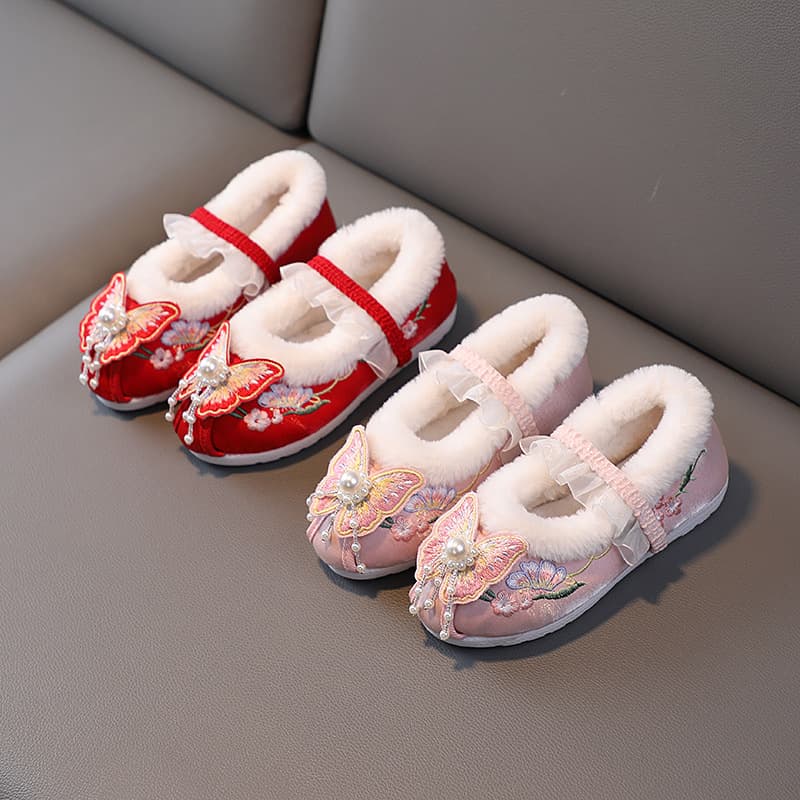 Autumn and Winter Butterfly Embroidery Hanfu Embroidered Shoes for Girls, Ethnic Style Fleece-Lined Cloth Shoes, Ancient Style Han Shoes for Performance Costume