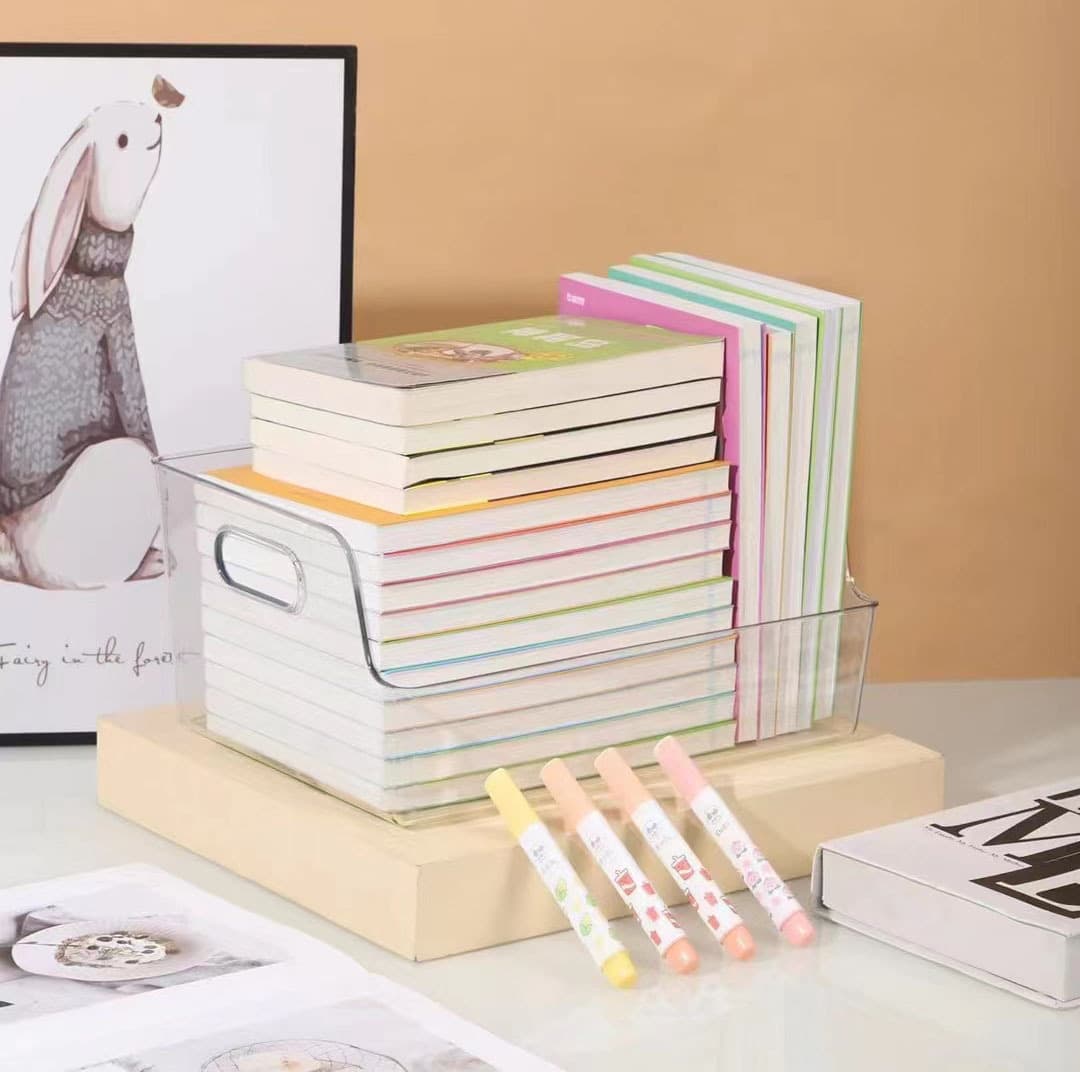 9006 Desktop Storage Box, Transparent PET Organizer with Stackable U-shaped Handle for Books and Snacks