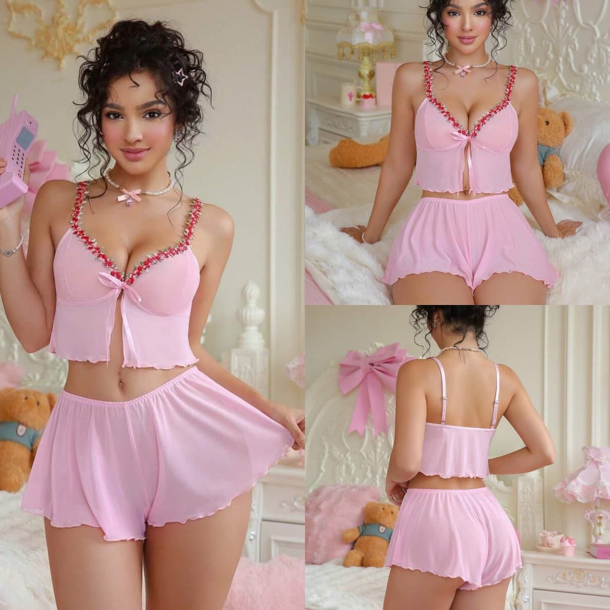 New Cross-Border Plus Size Sexy Camisole Nightgown Women Sheer Lingerie Tie Sleepwear Amazon Europe America Foreign Trade