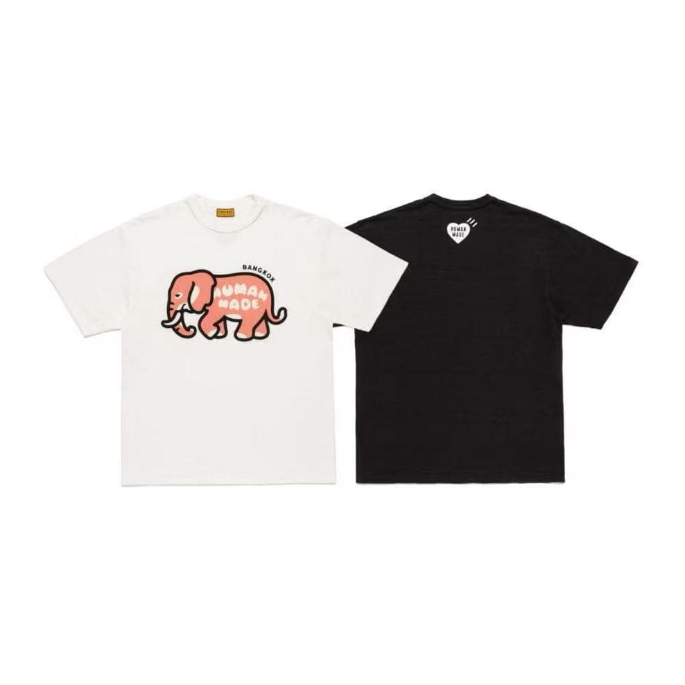 26SS Japanese Streetwear Brand Human Summer Heavyweight Bangkok Limited Elephant Print Slub Cotton Short Sleeve T-Shirt for Men and Women