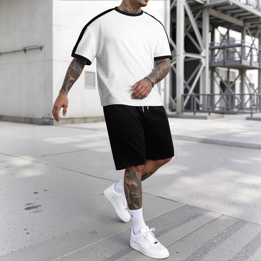 2025 Summer New Cross-Border Plus Size European and American Men's Sports Round Neck T-Shirt Set Color Block Casual Running Short Sleeve