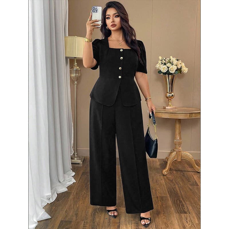 Cross-border plus size women's solid color square neck waist top straight trousers suit puff sleeve top drapey wide leg pants