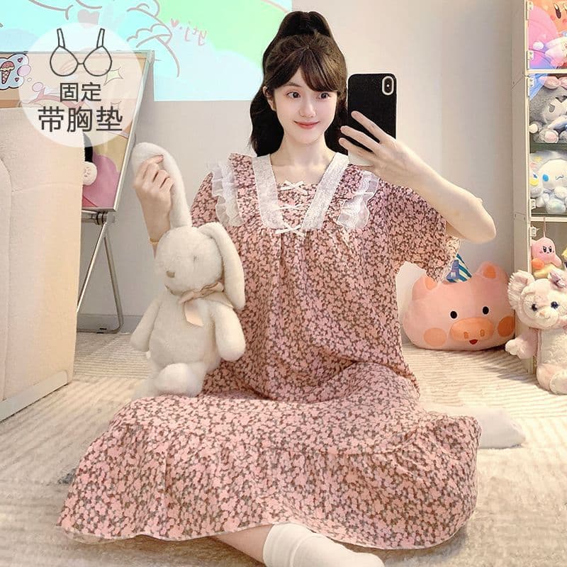 Cloud Cotton Pajamas for Women in Summer with Breast Pads, Princess Style Floral Short-Sleeved Nightgown Plus Size 100kg Home Wear