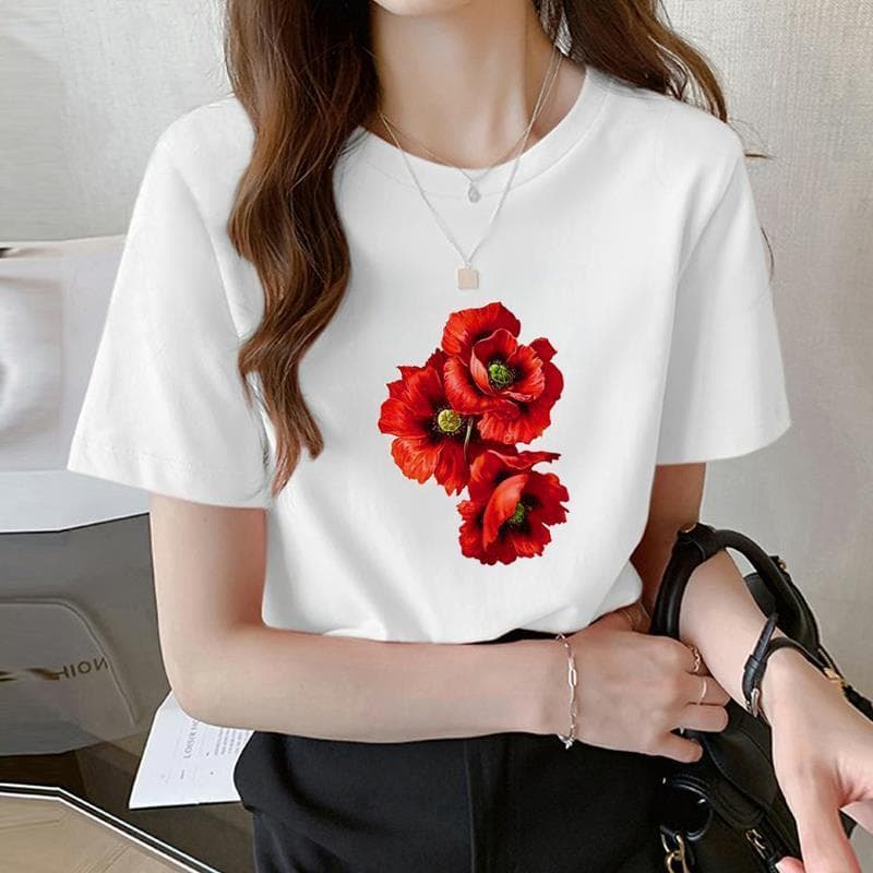 Floral Slim-Fit Round Neck Stylish Fashion Print Outerwear Summer Top Base Shirt Ins Casual Women's Short-Sleeve T-Shirt