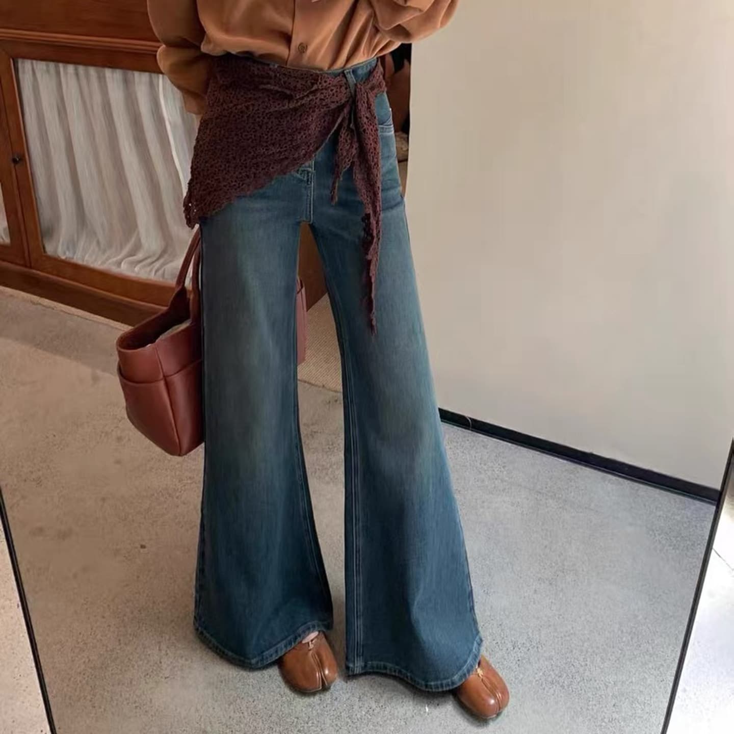 New Early Spring High-Waist Non-Cling Straight-Flare Denim Long Pants for Women, Loose Slimming Stretch Bell-Bottom Pants with Hip Cover