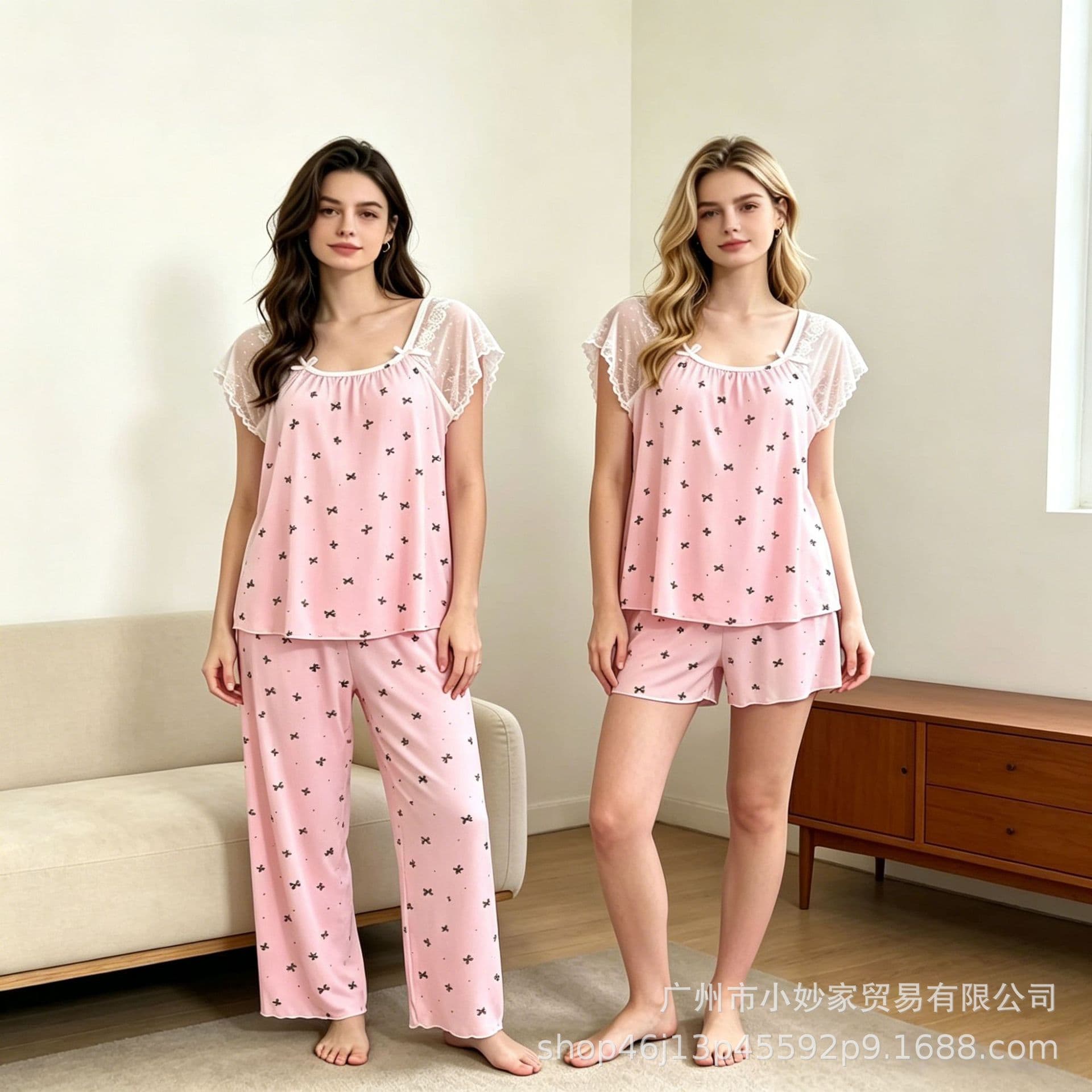 Cross-border foreign trade orders popular women's pajamas set lace pink printed casual sweet home wear three-piece set