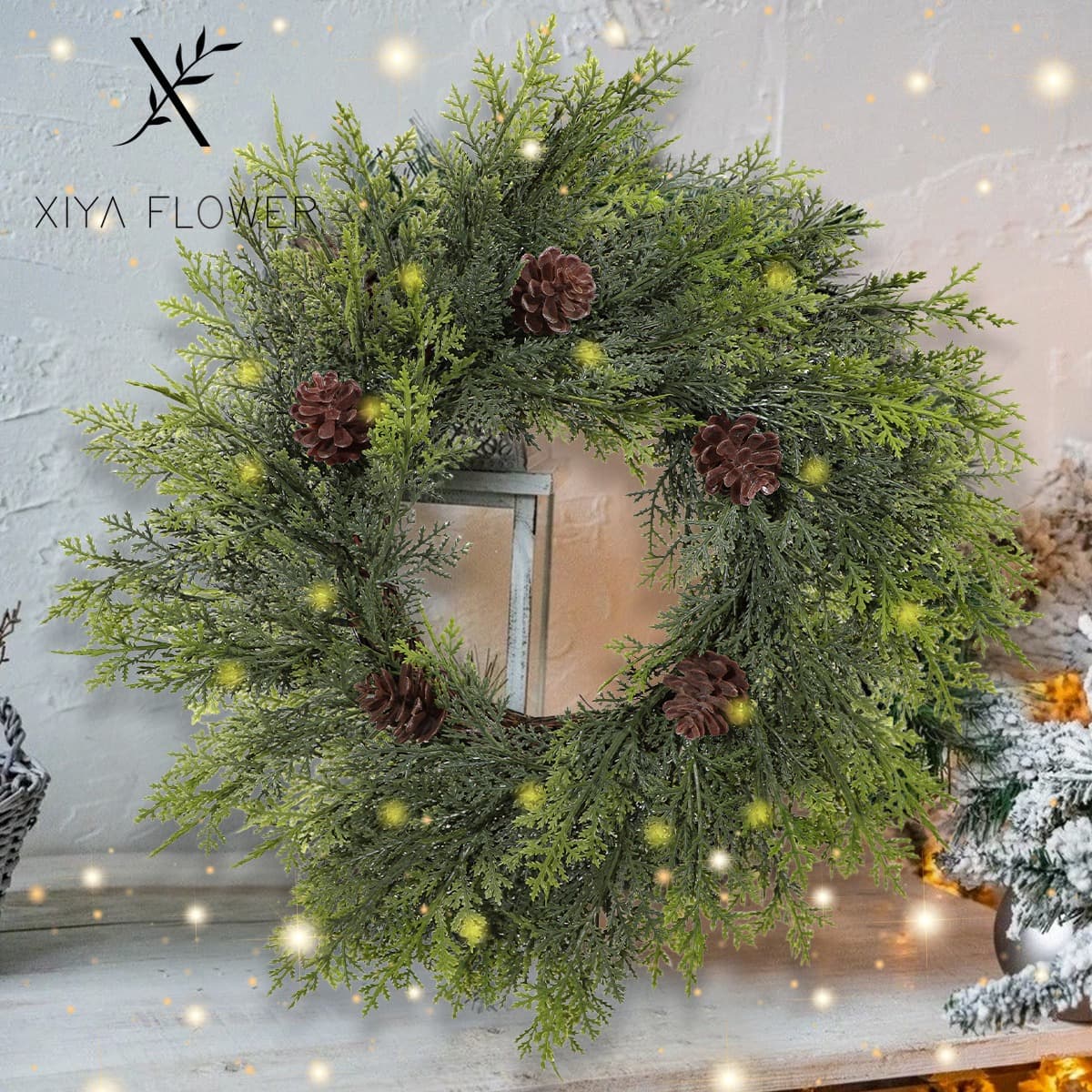 New Cross-Border Christmas Wreath Window Door Decoration Artificial Pine Needle Rattan Green Atmosphere Arrangement Cedar Wreath
