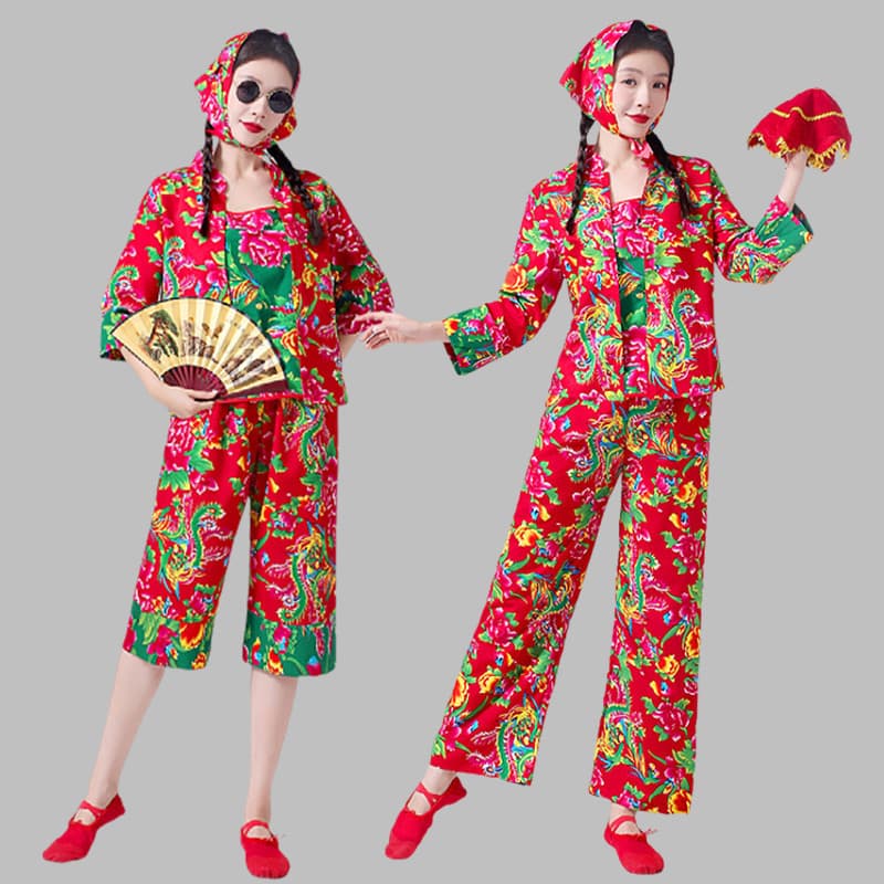 Northeast Big Floral Fabric Costume Village Girl Two-Person Rotation Performance Outfit Funny Sisters Matching Set Square Dance Yangge Costume Suit
