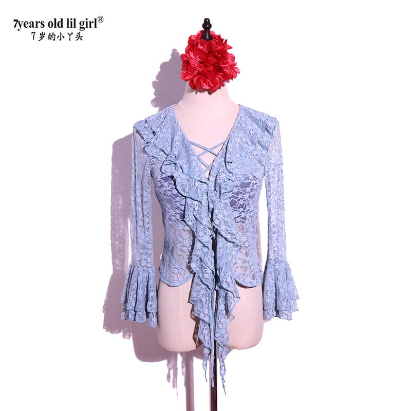 TopWomen's 2024 Hot Korean Lace Leaf Neck TopDDL2 7yearsoldlilGirl Girls Stage Clothing Accessories