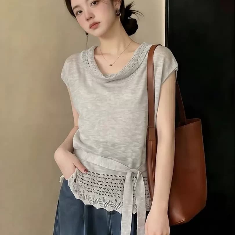 French Style Women's V-Neck Sleeveless Knit Top, Summer High-End Hollow Lace-Up Waist-Cinching Versatile Cap Sleeve Blouse
