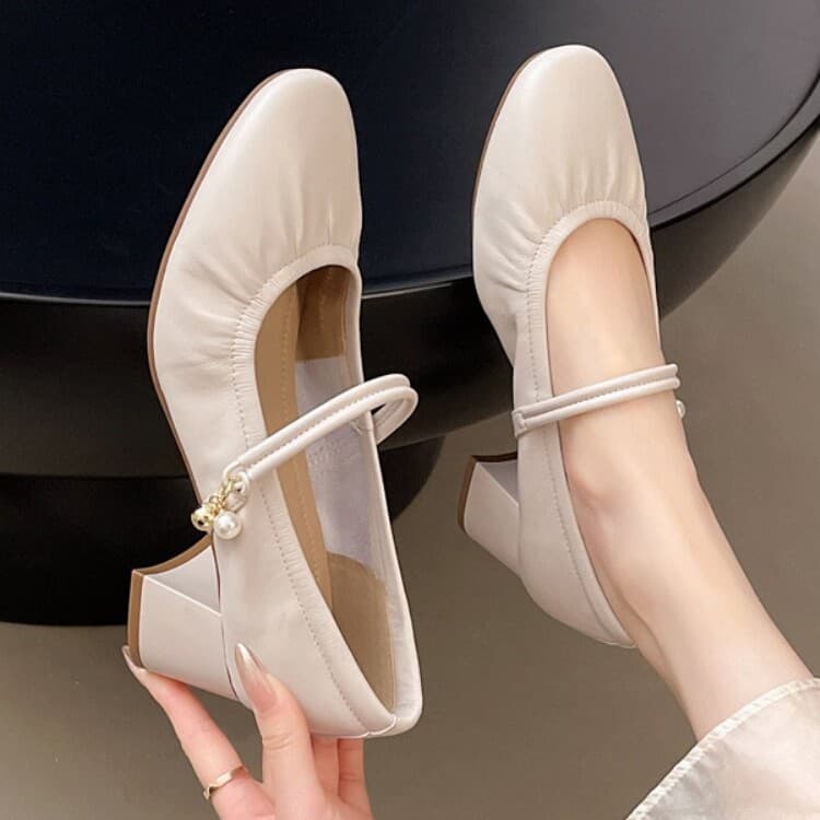 In Stock~Soft Sheepskin Chunky Heel Single-Strap Women's Shoes, Genuine Leather, Elegant Mid-Heel Shallow Mary Jane Style, 2026 Spring New Model