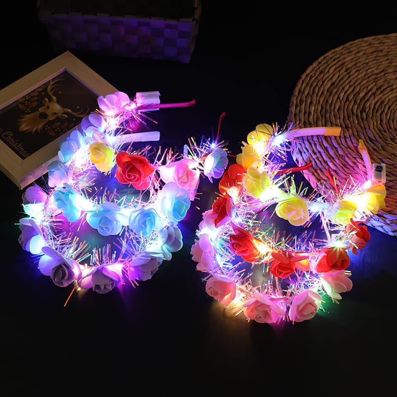 Cross-border Rainbow Light-up Golden Flower Wreath Headband, Foam Flower LED Flash Hair Ornament, Cute Children's Toy Headwear