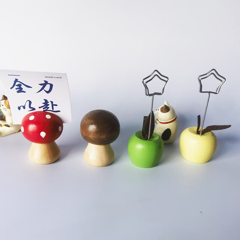 Wooden Craft Apple Mushroom Business Card Clip, Creative Mushroom Ornament Desktop Card Holder, Cross-border Supply