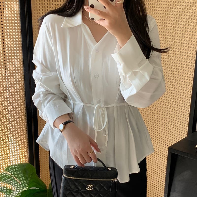 DD2026 Spring/Summer New Plus Size Women's Waist-Slimming Tie-Front Blouse with Design Sense 9225