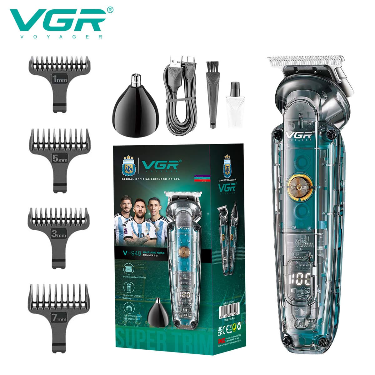 VGR949 Transparent Body Multifunctional Hair Clipper IPX6 Waterproof Barber Clipper Electric Trimmer Nose Hair Trimmer
