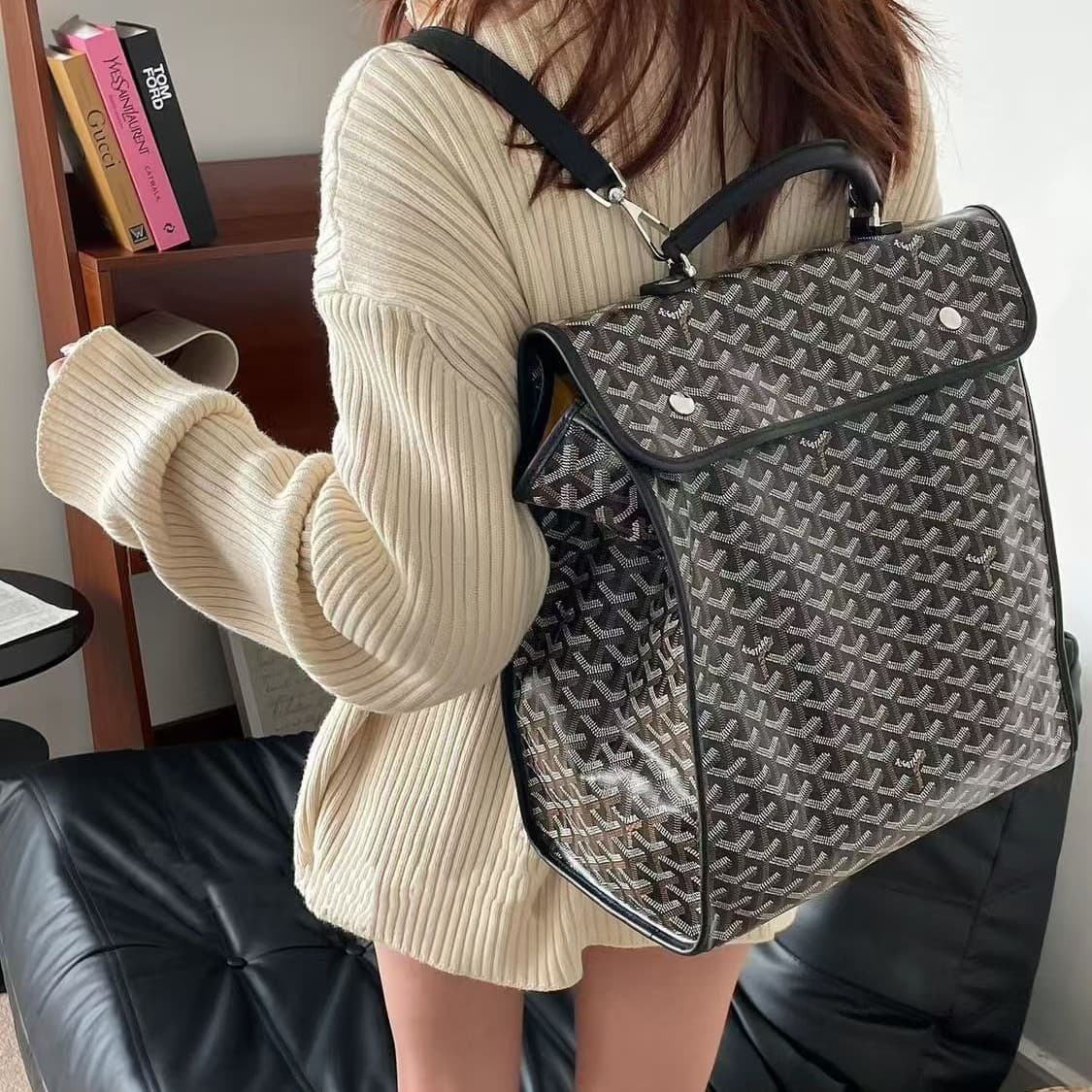goyard Goya dog tooth print square backpack backpack retro style stackable computer bag men's and women's school bag portable