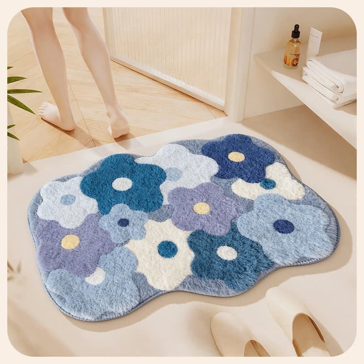 Simple and Fresh Floral Bath Mat, Faux Cashmere Non-Slip Absorbent Doormat for Bathroom Shower Entryway Decoration