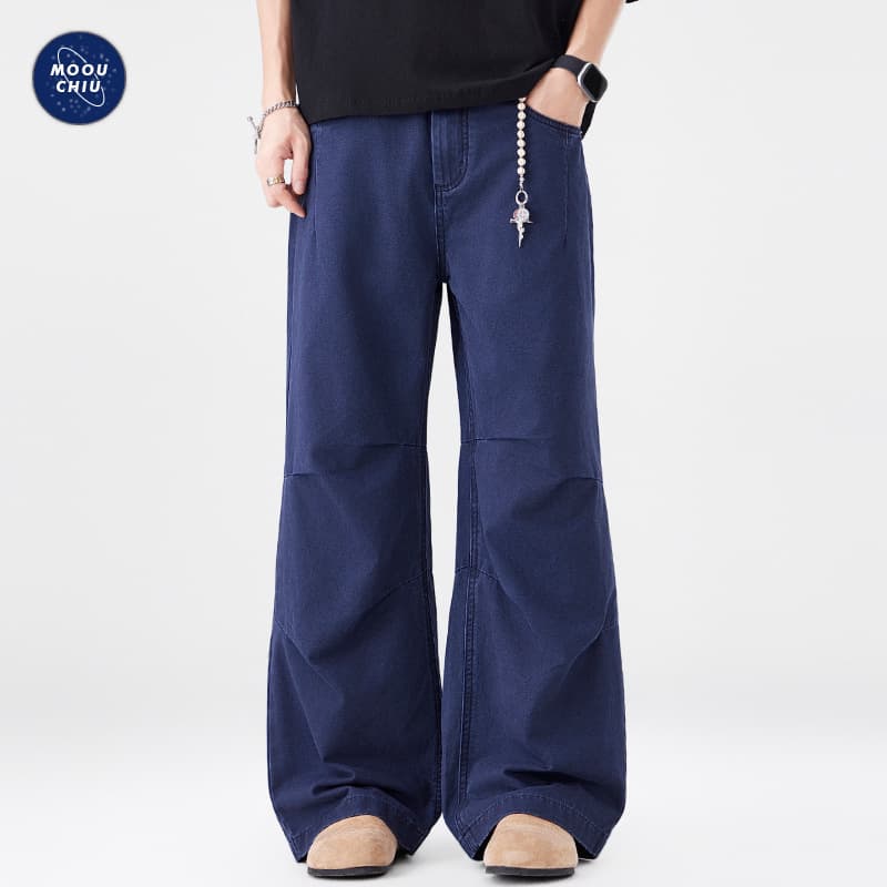 Muqiu Men's Wear | American Street Style A-Shape Jeans Men's Loose Straight Leg French Worker Blue Workwear Pants