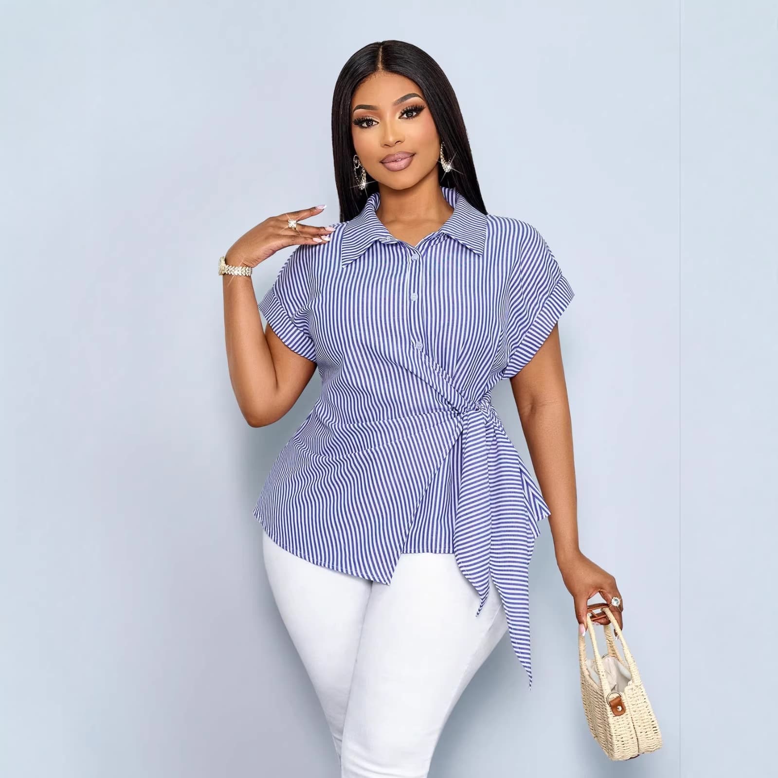 2026 New Summer Short Sleeve Shirt for Plus Size, Cross-Border Amazon EU/US Style, Striped Loose Fashion with Irregular Tie Detail