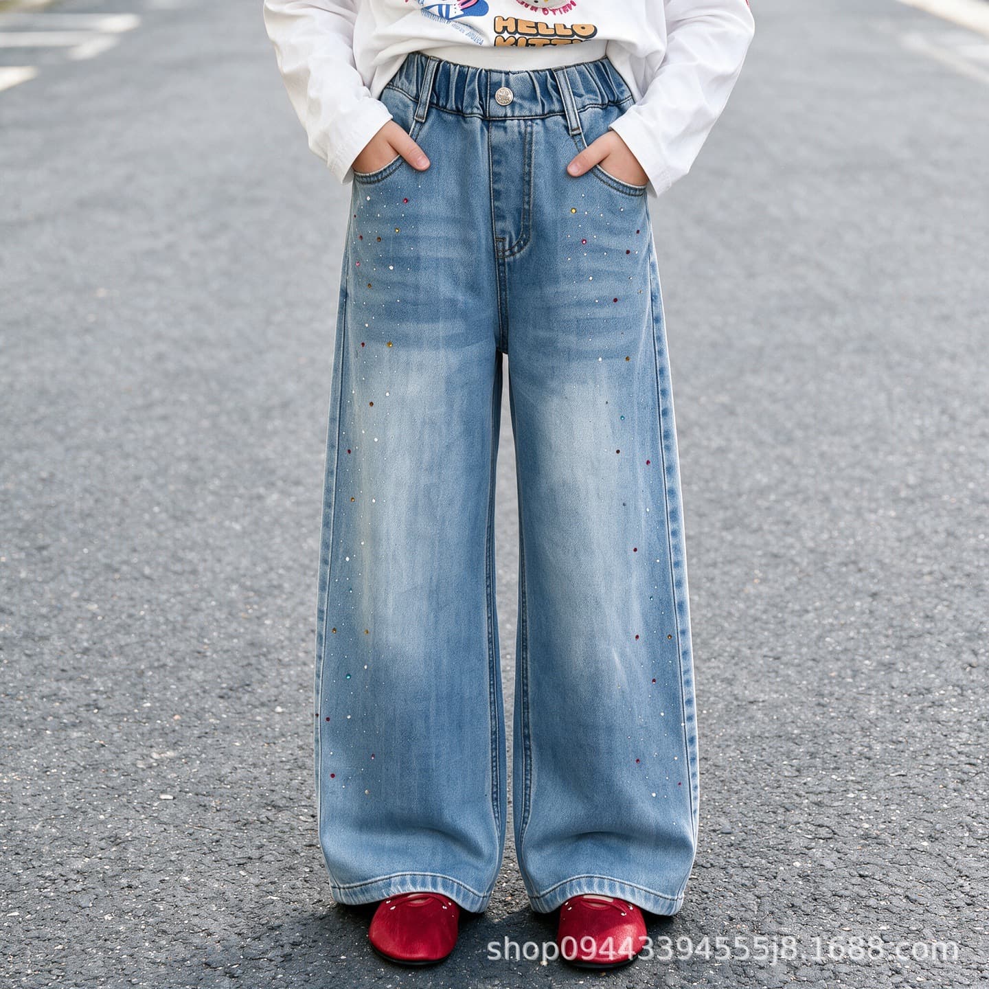 Girls' Rhinestone Jeans New Stylish Wide-Leg Loose Pants for Big Kids Korean Style Girls' Straight-Leg Pants with Hotfix Rhinestones