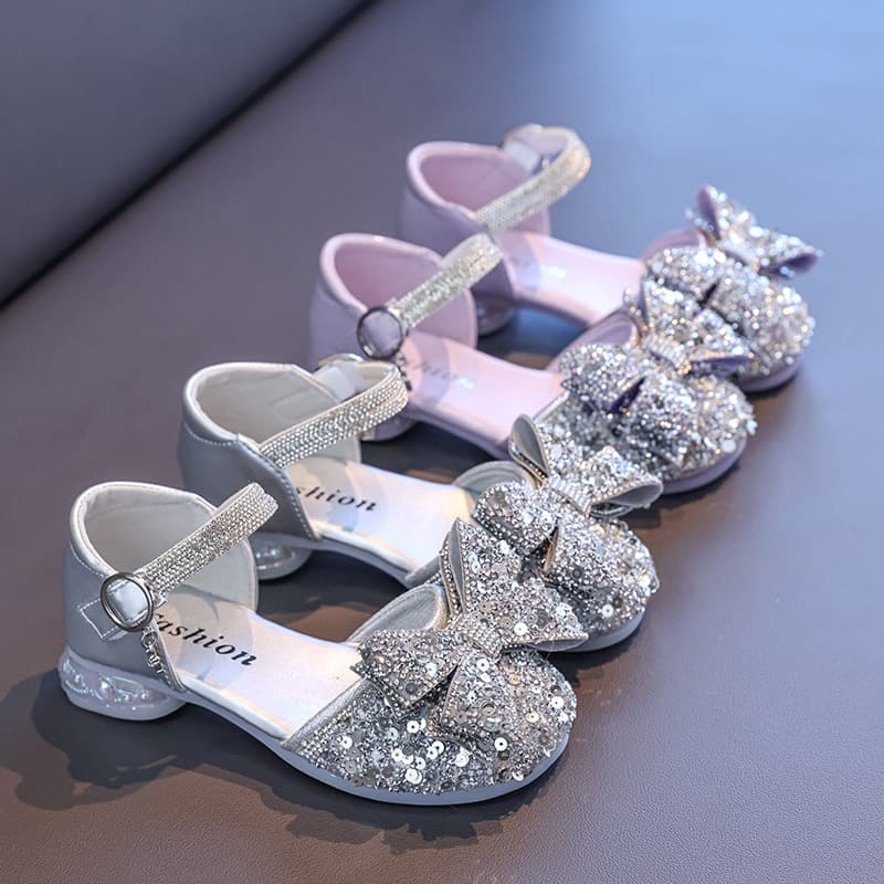 Princess Sandals Rhinestone Shoes Girls High Heels Summer Little Girls Rhinestone Large Bow Performance Shoes Crystal Shoes