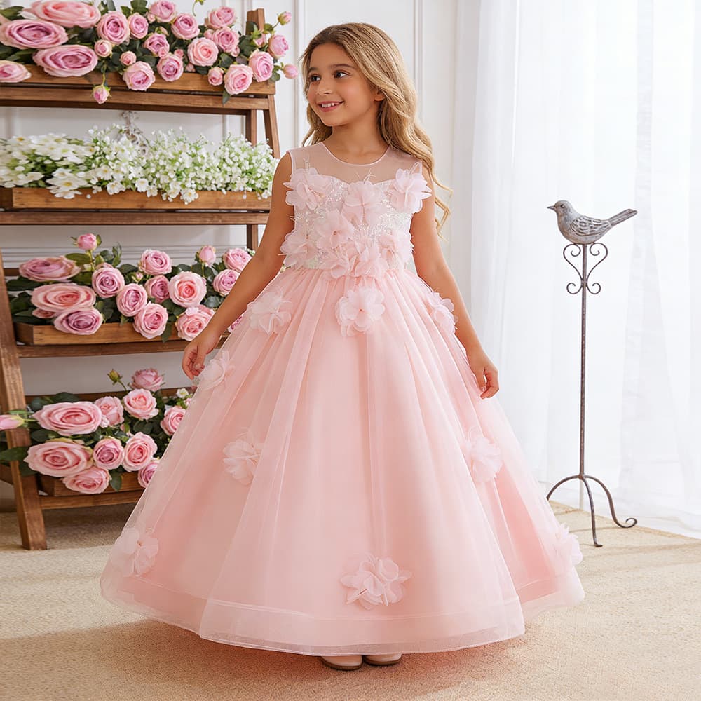 Kids Princess Dress 2026 New Style Pink Girl Birthday Party Long Dress Piano Performance Outfit