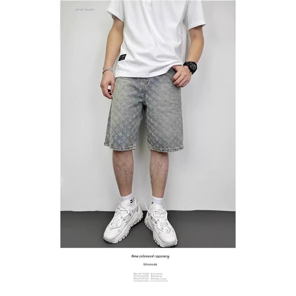 Men's Denim Shorts Summer Loose Straight-Leg Cargo Pants with Elastic Waist American High-Street Fashion Shorts