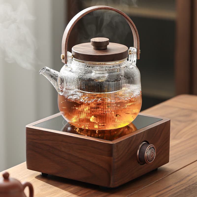 Walnut Electric Tea Stove Complete Set for Indoor Tea Brewing with Glass Teapot and Heating Function