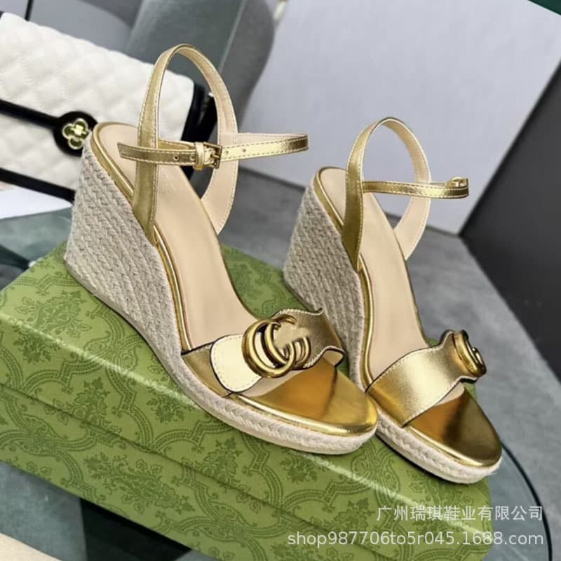 Women's Wedge Heel Sandals 2025 Summer New Style Elevated Open Toe Buckle Strap High-End Woven Roman Sandals