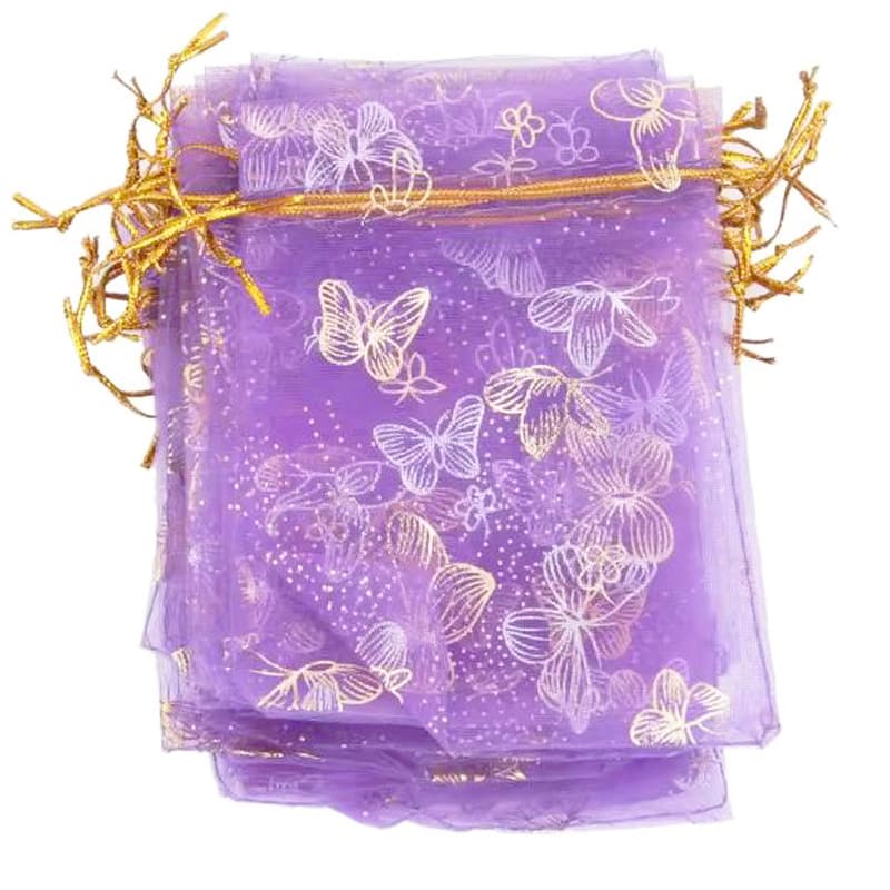 Light purple bronzing butterfly bunch pocket wedding candy trinket bag transparent mesh bag drawstring gift bag organza bag