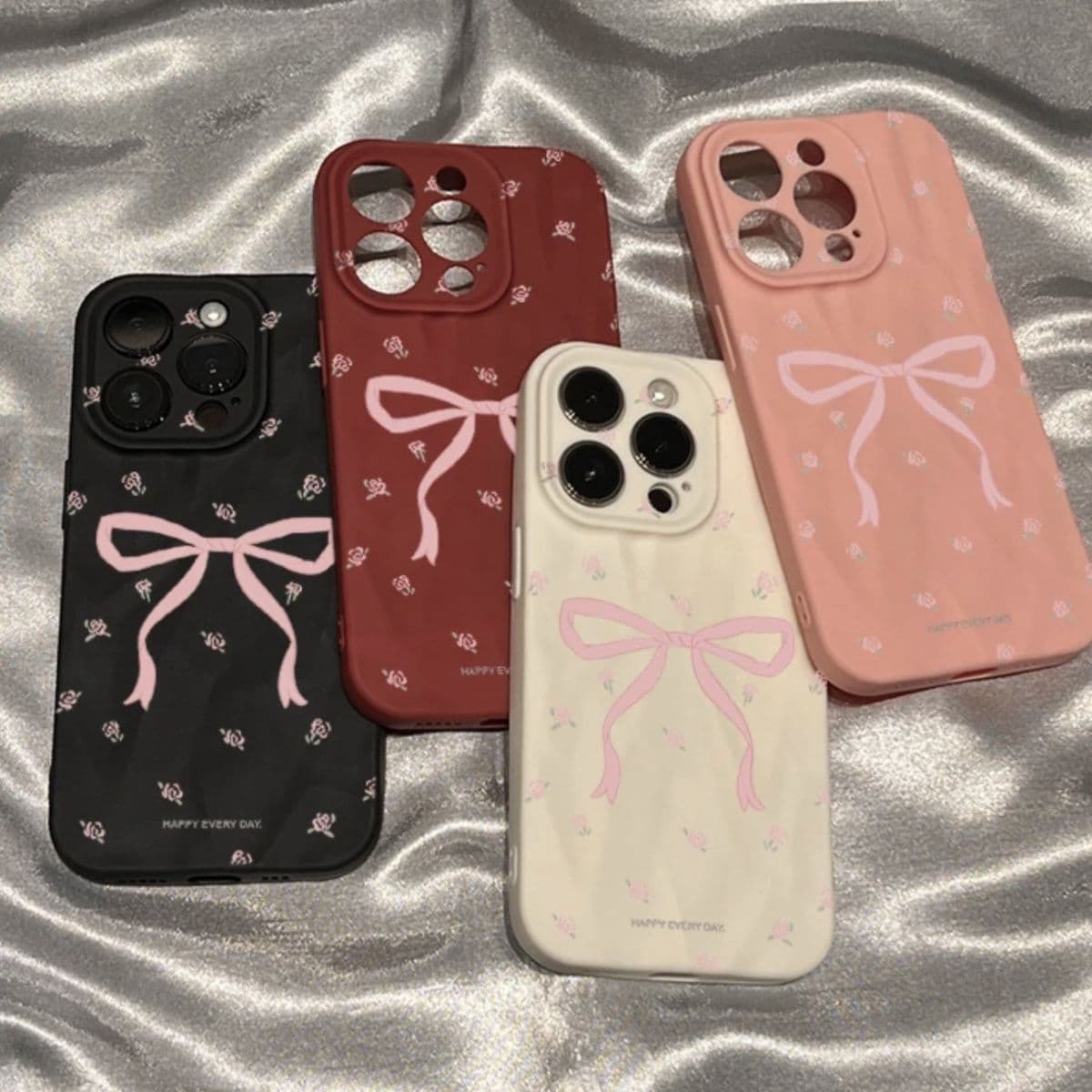 Pleated Solid Color Premium Floral Bow Phone Case for Apple 16, Full Coverage iPhone 15 Protective Case, Shockproof