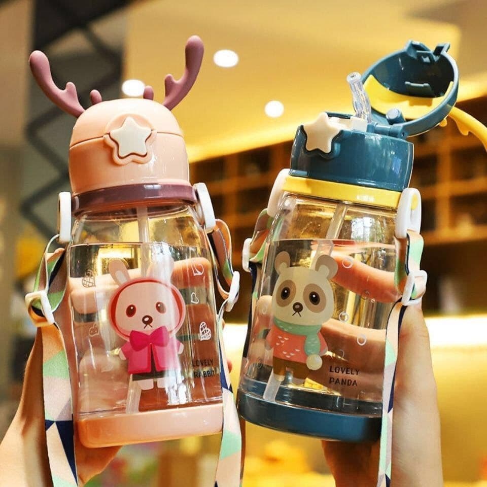 Adorable Deer Antler Water Bottle For Children Baby Proof Student Baby Cup Cute Women's Milk Bottle With Straw For Cola