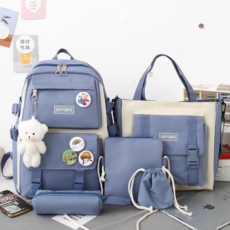 Large Capacity Student Backpack for Girls, Middle School Five-Piece Set, Oxford Cloth, Wear-Resistant, Anti-Fatigue School Bag