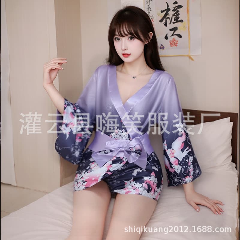Plus-size sexy lingerie, purple satin print, cosplay kimono, flirtatious allure, innocent yet sexy temptation.