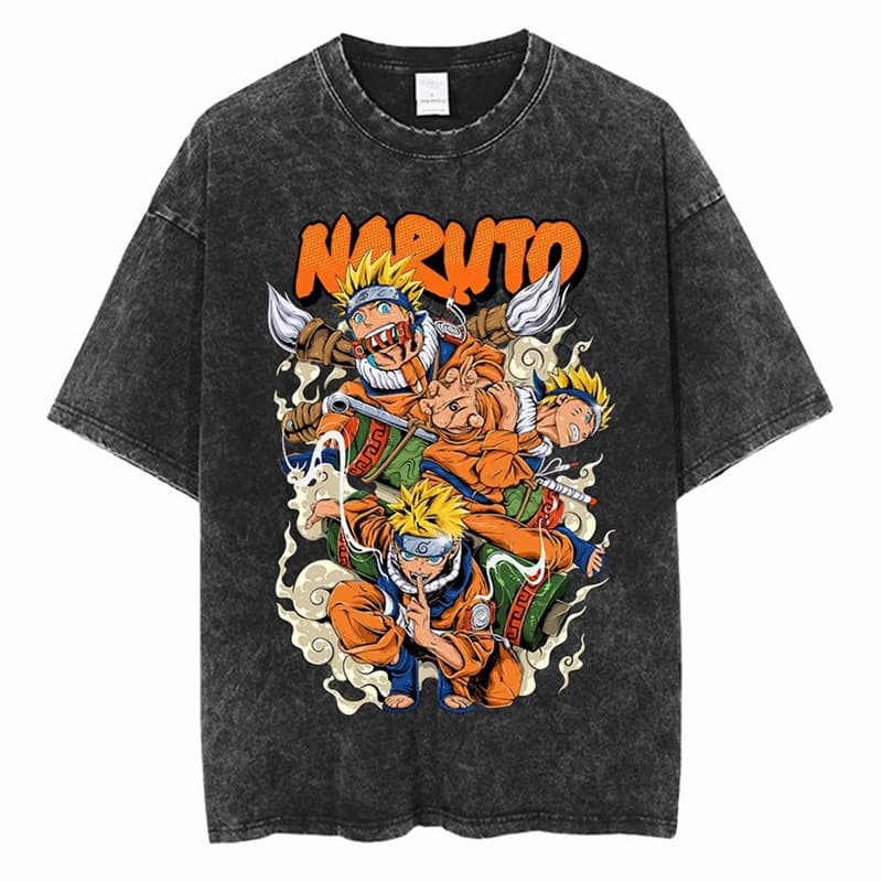 Harajuku Streetwear Washed Naruto Anime T-Shirt Men's Summer Short Sleeve Vintage Distressed Tee