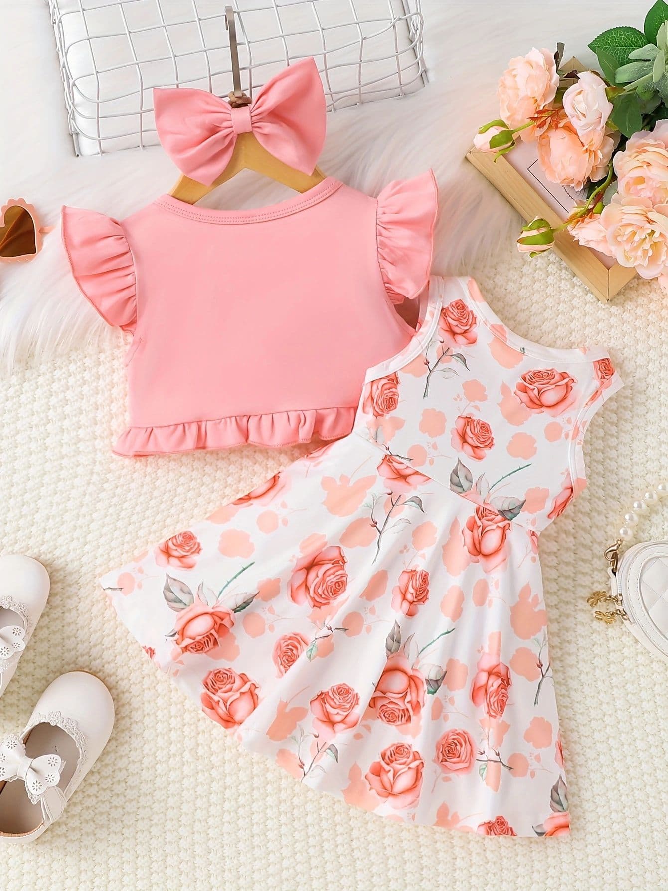 Cross-border INS style baby and toddler girl summer printed sleeveless dress, short-sleeved cardigan, cute hair accessories
