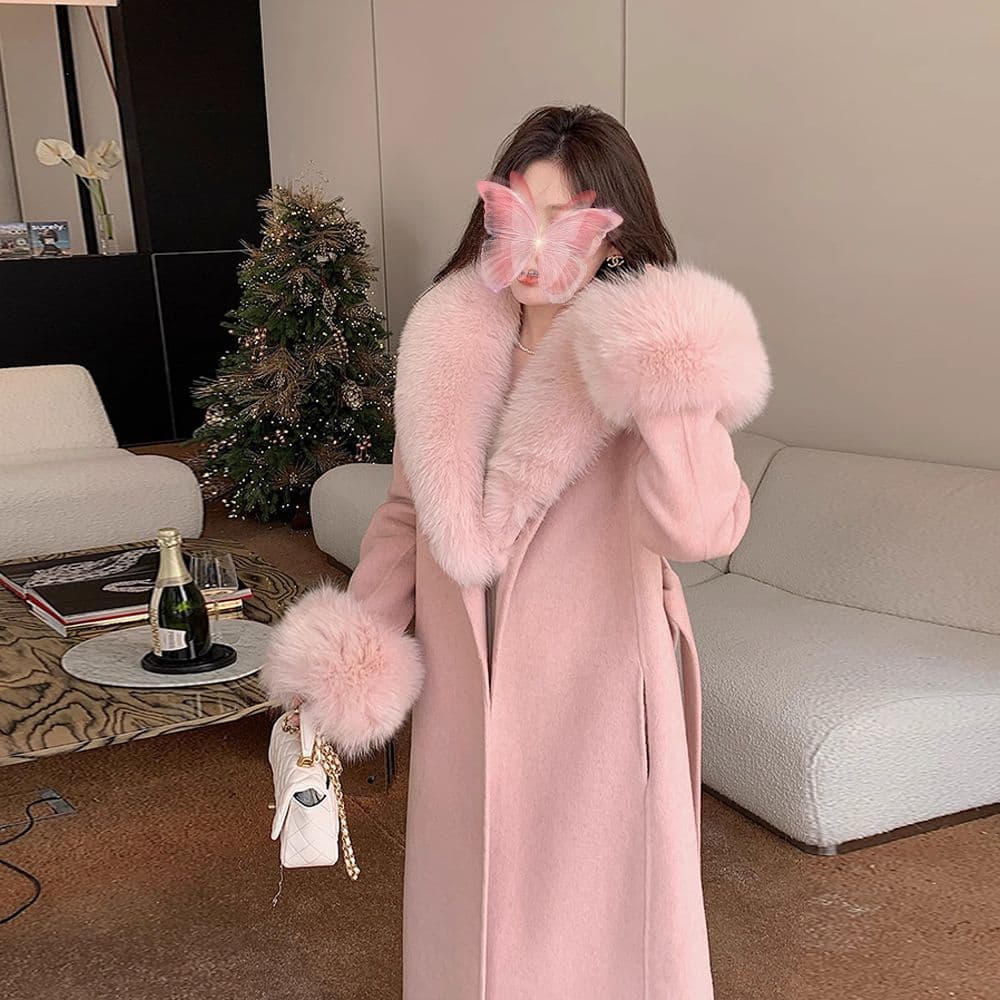 Pink Lady Double-Faced Wool Coat Long Version Winter New Style Faux Fox Fur Collar Fur Coat for Women