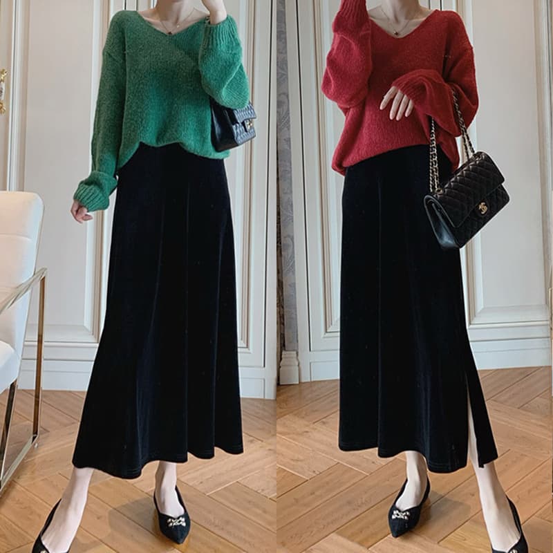 Maternity Velvet Belly Support Half Skirt Fall/Winter Fashion A-Line Skirt with Slit and Flared Hem, Mid-Length Fleece-Lined